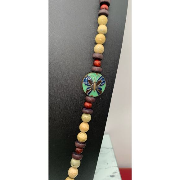 Gorgeous Stone & Wood Beaded Necklace W A Polished Pink & Amber Agate Pendant - Picture 5 of 6
